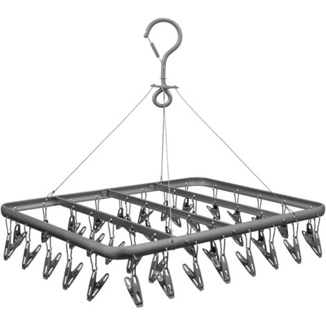 Stendibiancheria per calzini, mollette in acciaio inox, gancio quadrato girevole a 360°, stendibiancheria con 41 clip, stendibiancheria pieghevole (grigio)