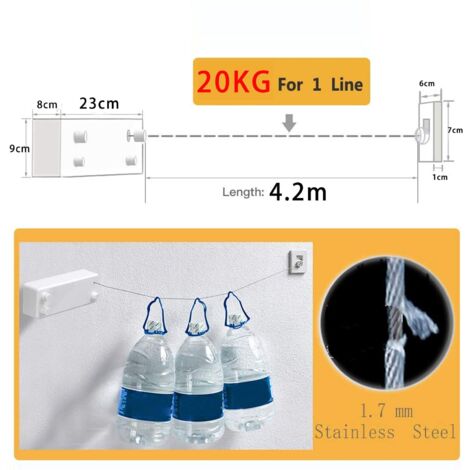 Stendibiancheria retrattile per uso interno ed esterno - Resistente, 2 stendibiancheria in acciaio inossidabile da 4,2 m, montaggio a parete (necessario trapano) - Nero T