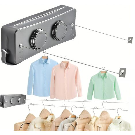 Stendibiancheria retrattile, stendibiancheria retrattile da parete con 2 fili in acciaio inossidabile da 5 m, stendibiancheria regolabile ed estensibile per uso interno ed esterno, scocca in plastica 