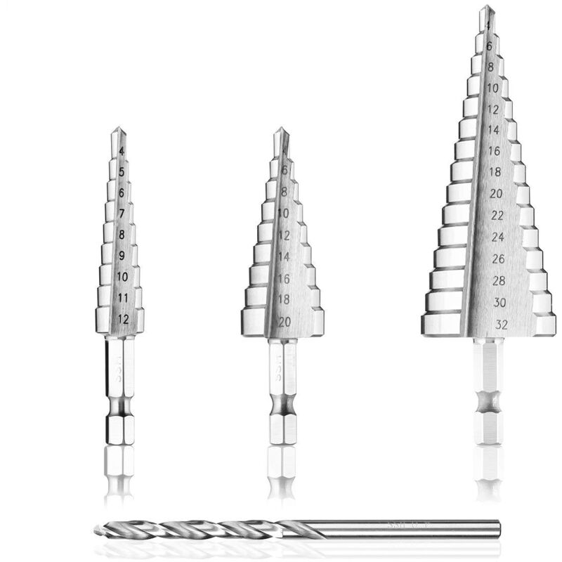 Image of Step Drill Bits, 4 x 4-12/20/32mm Triangular Tapered Drill Bits with Titanium Coated Driver