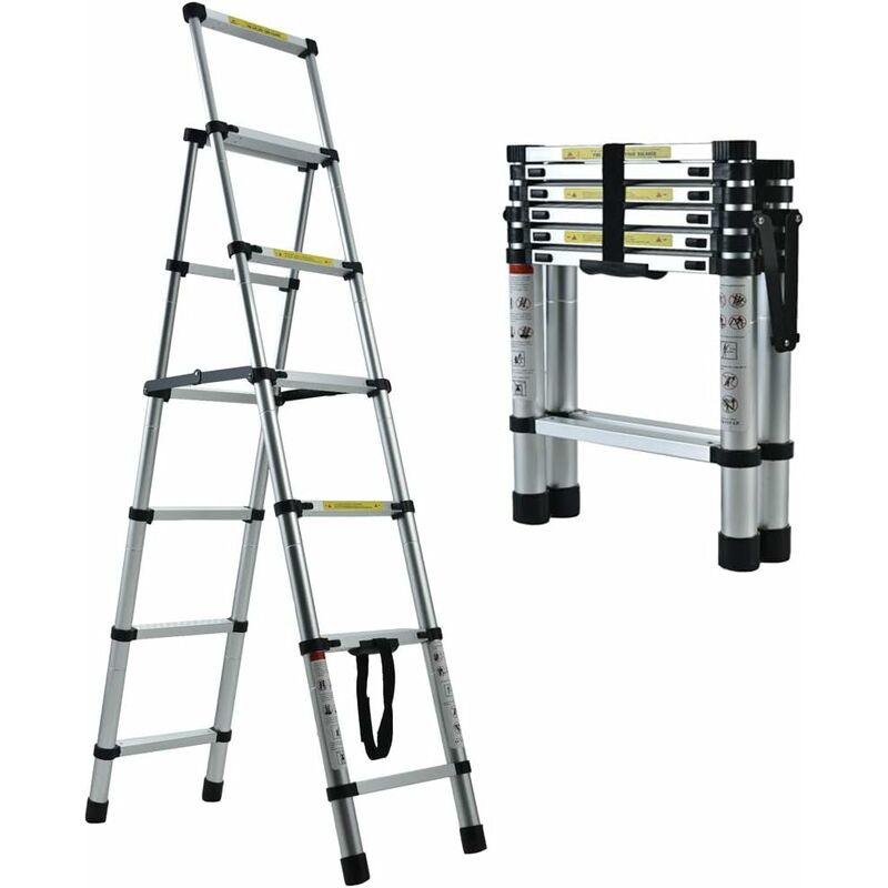 Step Ladder 1.63M/5.5FT A-Frame Aluminum Extension Ladder Telescoping Ladder Portable Multi-Purpose Folding Handrail Ladder 330lb Capacity Anti-Slip
