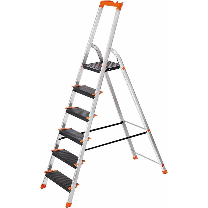 Songmics - Step Ladder 6 Steps, Aluminium Ladder with 12 cm Wide Steps, Folding Ladder with Tool Tray and Anti-Slip Feet, Max. Static Load 150 kg,