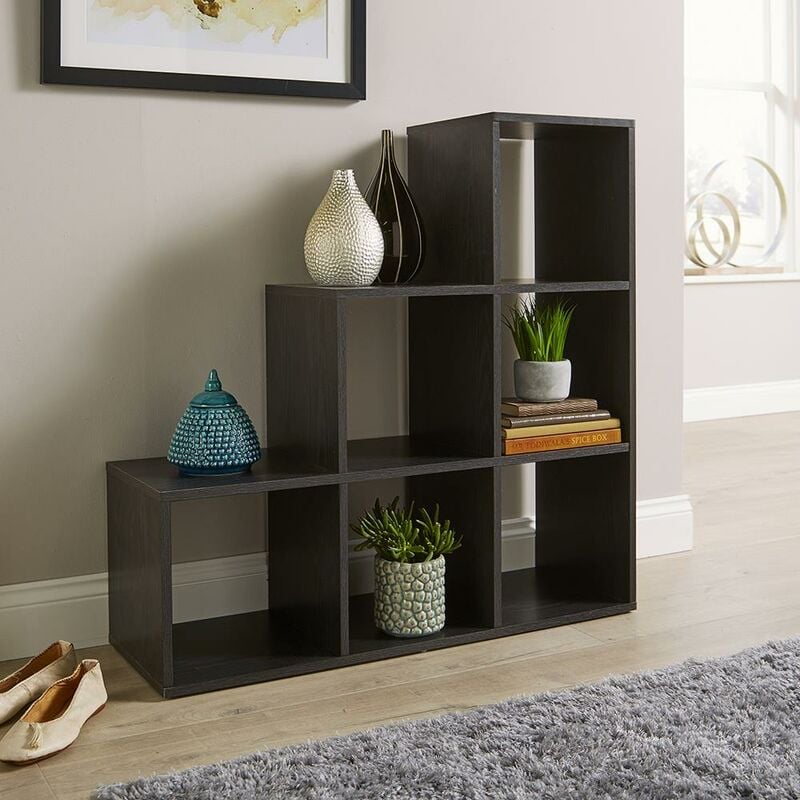 Step Style Storage Cube 6 Shelf Bookcase Wooden Display Staircase Unit Black