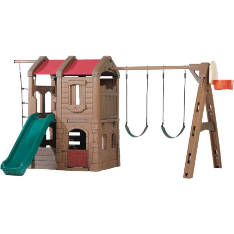 Step2 Naturally Playful Adventure Lodge Aire De Jeux Avec Toboggan / Balançoire / Échelle Corde / Panier De Basketball  Xxl Aire De Jeux Enfant En Plastic