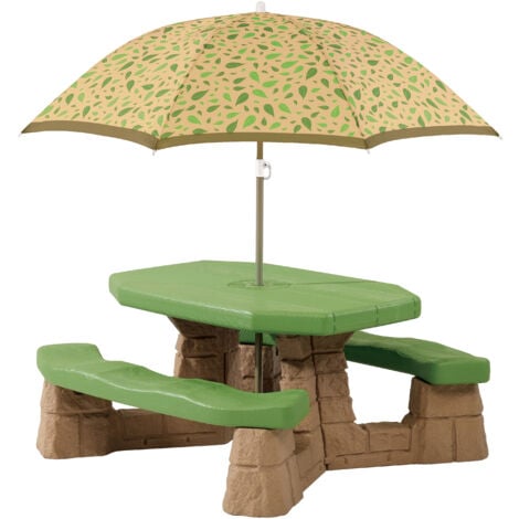 Step2 Naturally Playful Table Picnic Enfant en Marron / Vert avec Parasol | Banc Pique Nique pour Enfants en Plastique