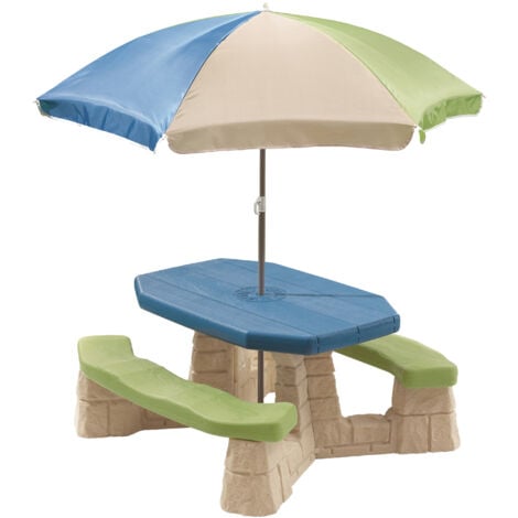 Step2 Naturally Playful Table Picnic Enfant en Vert / Bleu avec Parasol | Banc Pique Nique pour Enfants en Plastique
