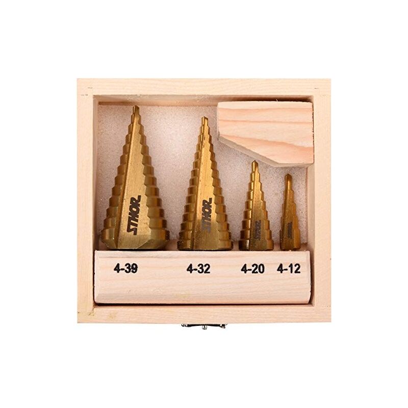 Sthor - foret étagé hss titane pour métal, bois, plastique - tailles au choix 4-12/4-20/4-32/4-39 mm - ou en kit, centrage automat