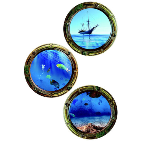 Sticker 3 hublots avec vue sur bateau et sous marine - 1 planche 42,5 x 65 cm