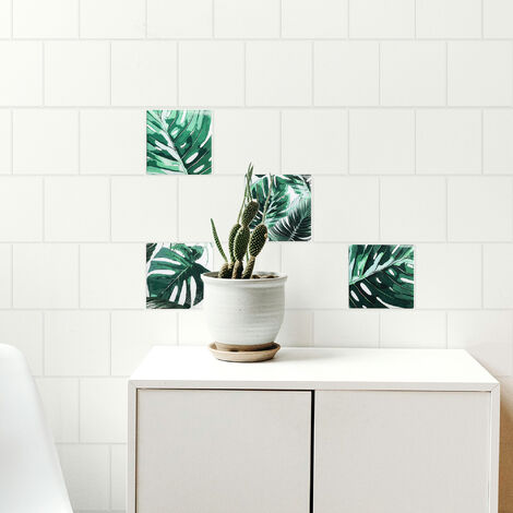 Sticker adhésif 15x15cm x4, Tropical Vert, feuilles aquarel sur fond blanc, déco Homestaging, décoration intérieure.