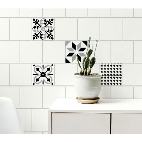 Sticker adhésif carrelage imitation carreaux de ciment ancien, x4, 15 cm X 15 cm, noir et blanc, pour homestaging et décoration intérieure.