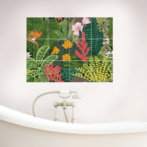 Sticker adhésif déco Home Staging, 15x15 cm, x12, mélange de plantes tropicales et fleurs colorées, décoration intérieure unique et originale.