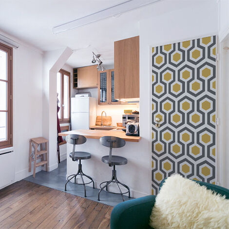 Sticker adhésif décoratif jaune pour porte - Ruche, 204 cm X 83 cm