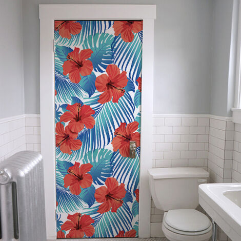 Sticker Adhésif Hibiscus rouge 204 cm X 83 cm, Décoration murale pour porte et placards, Effet papier peint.