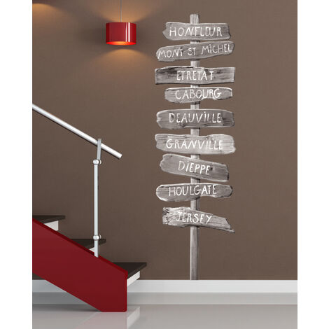Sticker adhésif trompe l'oeil Normandie: Honfleur, Mont Saint Michel, Etretat, Deauville, 60x180cm, Panneau directionnel décoratif