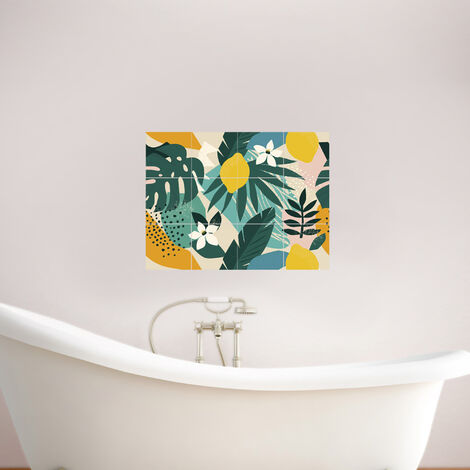 Sticker Adhésif Tropical 15x15cm, 12 Feuilles et Fleurs, Note de Fraîcheur, Homestaging Instantané, x12