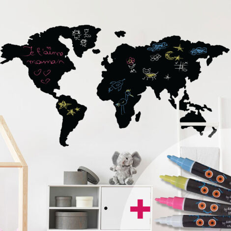 Sticker ardoise tableau noir - stickers muraux adhésif effaçable - CARTE DU MONDE + 4 CRAIES LIQUIDES - 55x105cm