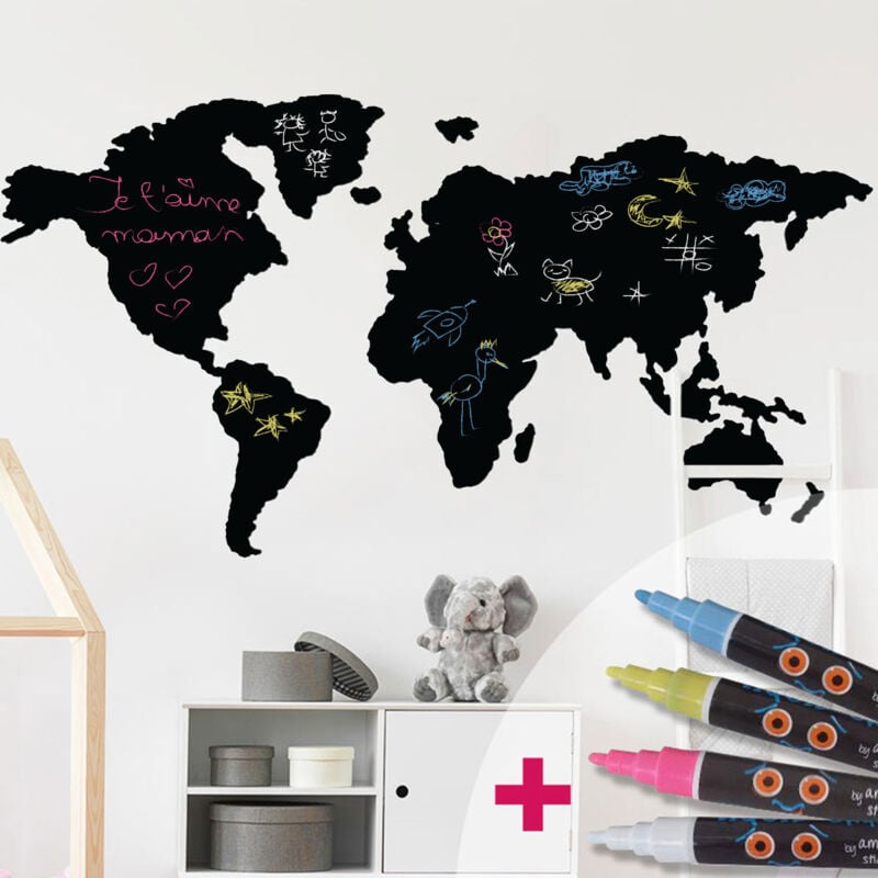 Sticker ardoise tableau noir - stickers muraux adhésif effaçable - carte du monde + 4 craies liquides - 55x105cm