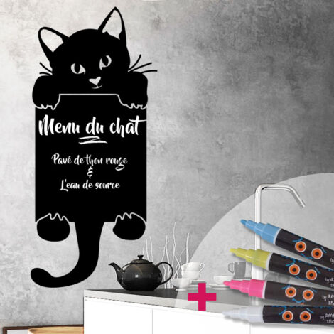 Sticker ardoise tableau noir - stickers muraux adhésif effaçable - CHAT FAIT COUCOU + 4 CRAIES LIQUIDES - 75x35cm