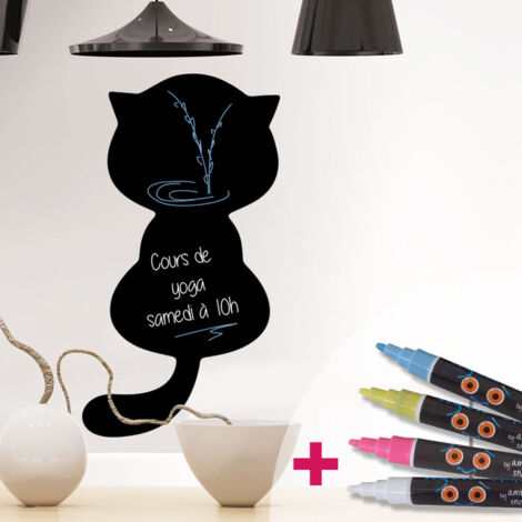 Sticker ardoise tableau noir - stickers muraux adhésif effaçable - CHAT MIGNON + 4 CRAIES LIQUIDES - 45x25cm