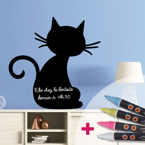 Sticker ardoise tableau noir - stickers muraux adhésif effaçable - CHAT NOIR + 4 CRAIES LIQUIDES - 25x25cm