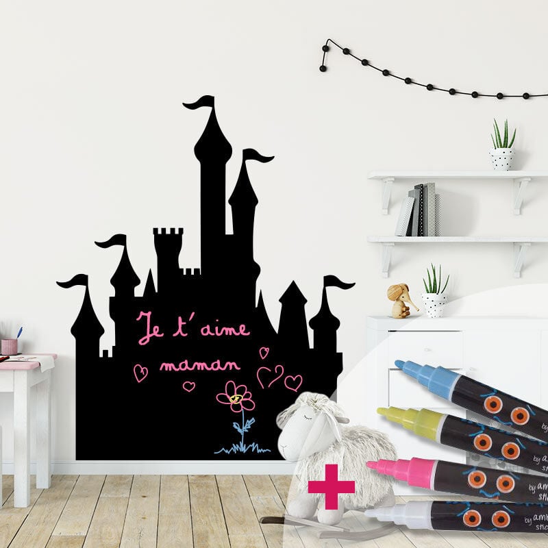Sticker ardoise tableau noir - stickers muraux adhésif effaçable - château de princesse + 4 craies liquides - 65x55cm