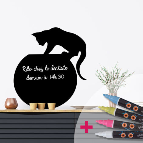 Sticker ardoise tableau noir - stickers muraux adhésif effaçable - CHATON SUR L'AQUARIUM + 4 CRAIES LIQUIDES - 120x105cm