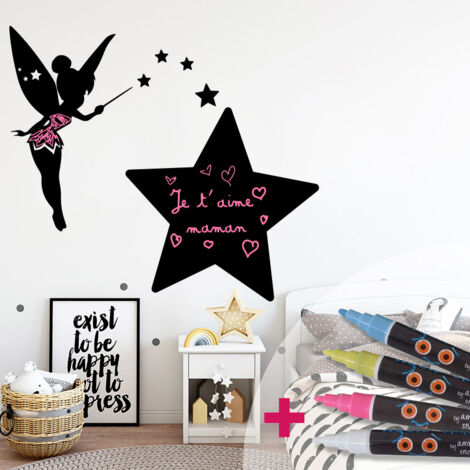 Sticker ardoise tableau noir - stickers muraux adhésif effaçable - FÉE RÊVEUSE + 4 CRAIES LIQUIDES - 25x30cm