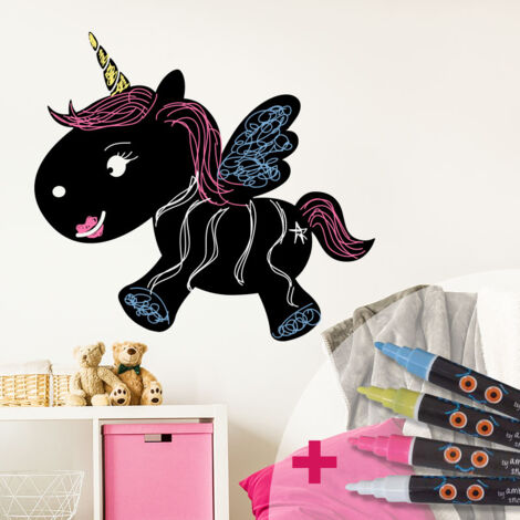 Sticker ardoise tableau noir - stickers muraux adhésif effaçable - LICORNE BÉBÉ + 4 CRAIES LIQUIDES - 25x30cm