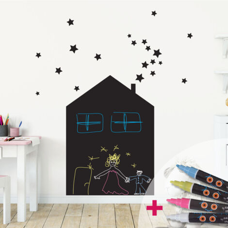 Sticker ardoise tableau noir - stickers muraux adhésif effaçable - MAISON ET 20 ÉTOILES + 4 CRAIES LIQUIDES - 35x25cm