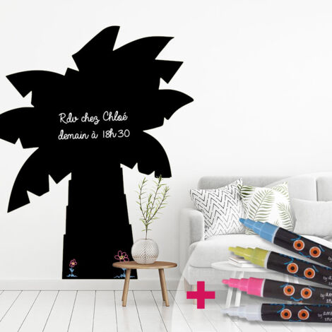 Sticker ardoise tableau noir - stickers muraux adhésif effaçable - PALMIER + 4 CRAIES LIQUIDES - 80x65cm