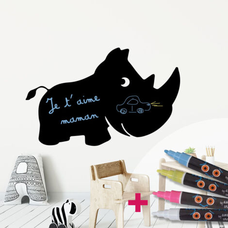 Sticker ardoise tableau noir - stickers muraux adhésif effaçable - RHINOCÉROS + 4 CRAIES LIQUIDES - 95x150cm