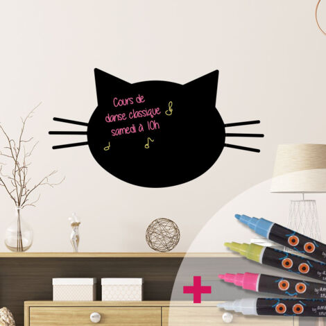 Sticker ardoise tableau noir - stickers muraux adhésif effaçable - TÊTE DE CHAT + 4 CRAIES LIQUIDES - 25x30cm
