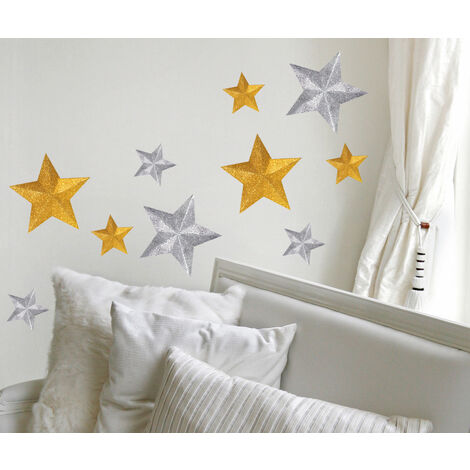 Sticker Autocollant 3D Étoiles Dorées et Argentées, 24 cm X 68 cm, Déco Murale: Autocollant 3D Étoiles Dorées et Argentées