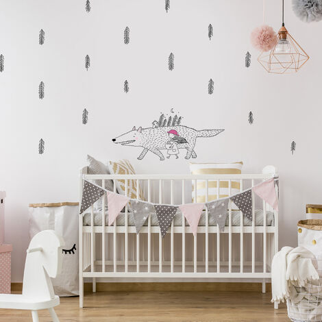 Sticker autocollant décoratif enfant, Petit Chaperon Rouge et loup, 68x48cm, déco forêt, illustration originale