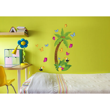 Sticker autocollant décoratif Jungle pour chambre enfant, papillons et péroquets autour d'un palmier, 68 cm X 24 cm.