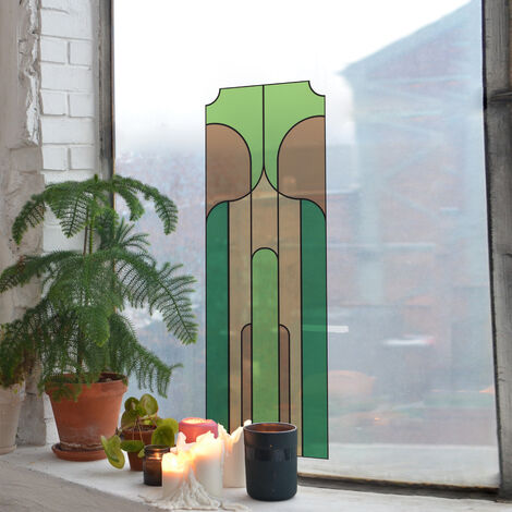 Sticker Autocollant Electrostatique Vitrail Géométrique Vert & Marron 67x23cm - Décoration Vitre Intérieure & Extérieure