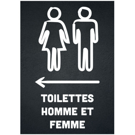 Sticker autocollant "TOILETTES HOMME ET FEMME" flèche à gauche format A5 fond noir
