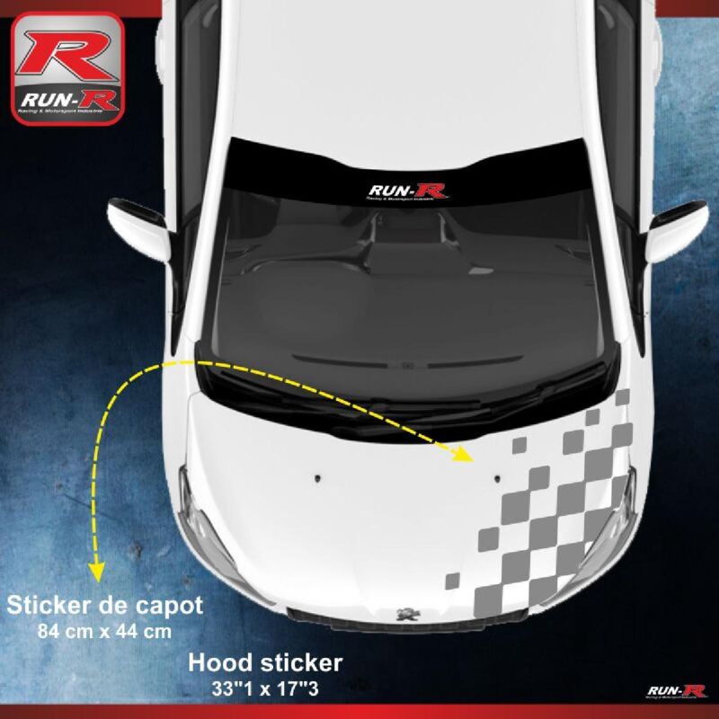 Sticker capot 00ARA 84x44cm damier argent compatible avec Peugeot 206 206plus 207 208 - Run-R
