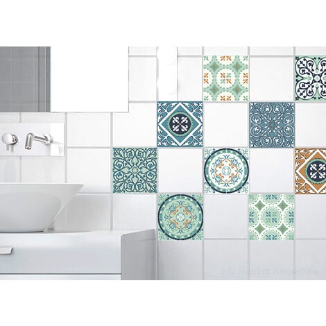 Sticker Carrelage 10x10cm x9, Motif Carreaux de Ciment Ancien Vert, Orange et Bleu, Adhésif Décoratif pour Carrelage Mural.