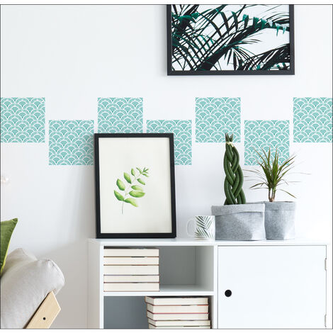 Sticker carrelage adhésif 10x10 cm, x9, décoratif vert tendance, formes écailles. Crédence autocollant déco pour relooker votre intérieur.