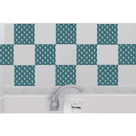 Sticker carrelage adhésif 10x10 cm, x9, formes éclailles japonaises, ton bleu canard, déco crédence autocollant, décoration murale intérieure.