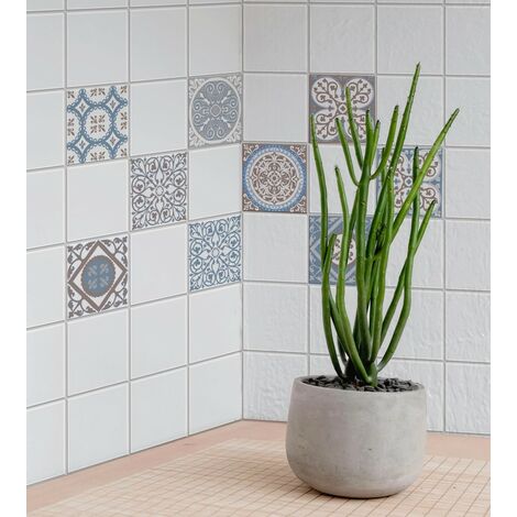 Sticker Carrelage Adhésif 10x10cm x9, Décoratif pour Crédence, Azulejos, Tons Gris, Bleu et Marron Clair.