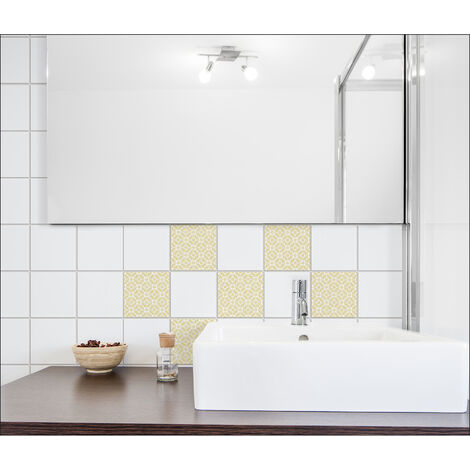 Sticker carrelage adhésif 15 cm X 15 cm - 6 autocollants carreaux jaune or et blanc, formes nuageuses graphiques, déco intérieure murale