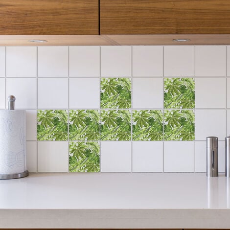 Sticker carrelage adhésif 15x15 cm, 6 pièces, décoratif autocollant, imitation carrelage motifs feuilles tropicales vertes sur fond blanc