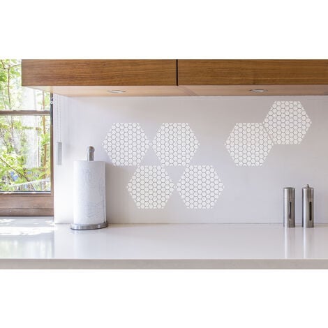 Sticker Carrelage Adhésif 15x15cm 6pcs Hexagonale Noir/Blanc Nid d'Abeille Géométrique Déco Sobre et Épurée