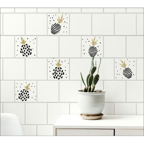 Sticker Carrelage Adhésif 15x15cm x6 - Autocollant Décoratif Carreaux Graphique Annanas Stylisés avec Queue Dorée.