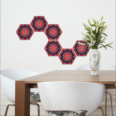Sticker Carrelage Adhésif 15x15cm x6, Autocollant Hexagonale Décoratif, Style Ancien Tapis, Tons Rouges.