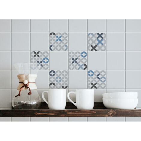 Sticker Carrelage Adhésif 15x15cm x6, Décoratif Lessivable, Formes Géométriques Gris et Bleu, Rondes et Triangulaires.