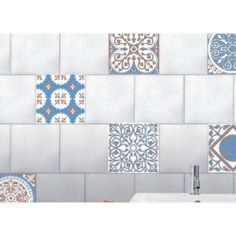 Sticker carrelage adhésif décoratif autocollant, carreaux style ciment, tons marron, bleu et blanc, x6, 15 cm X 15 cm - Bleu