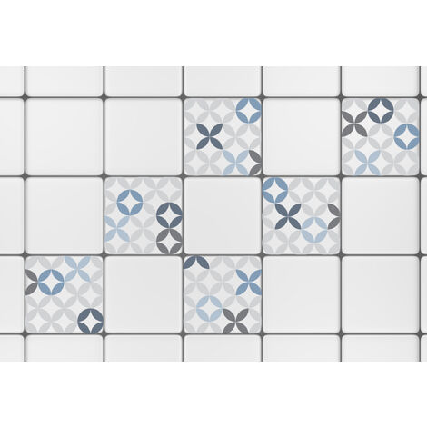 Sticker carrelage adhésif décoratif autocollant, imitation céramique bleu et gris, 15 cm X 15 cm, lot de 6 pièces.